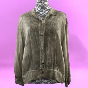 Barbara Lesser Tan Button Front Shirt Boxy Bomber Jacket Cupra‎ Rayon Distressed